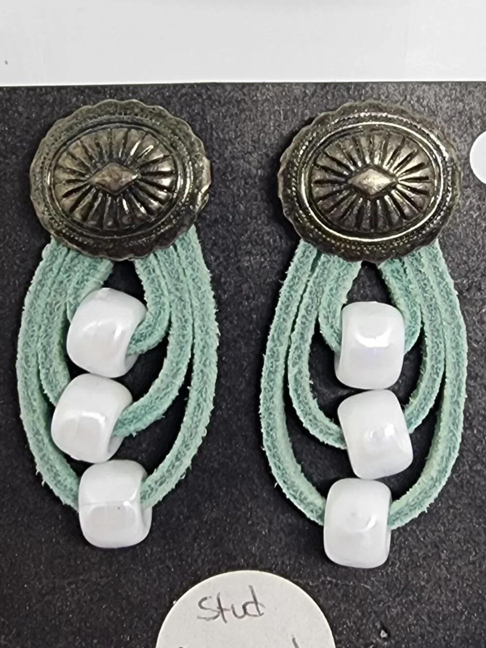 Concho Blue Suede Western Cowgirl Handmade Craft Drop Pierced Earrings